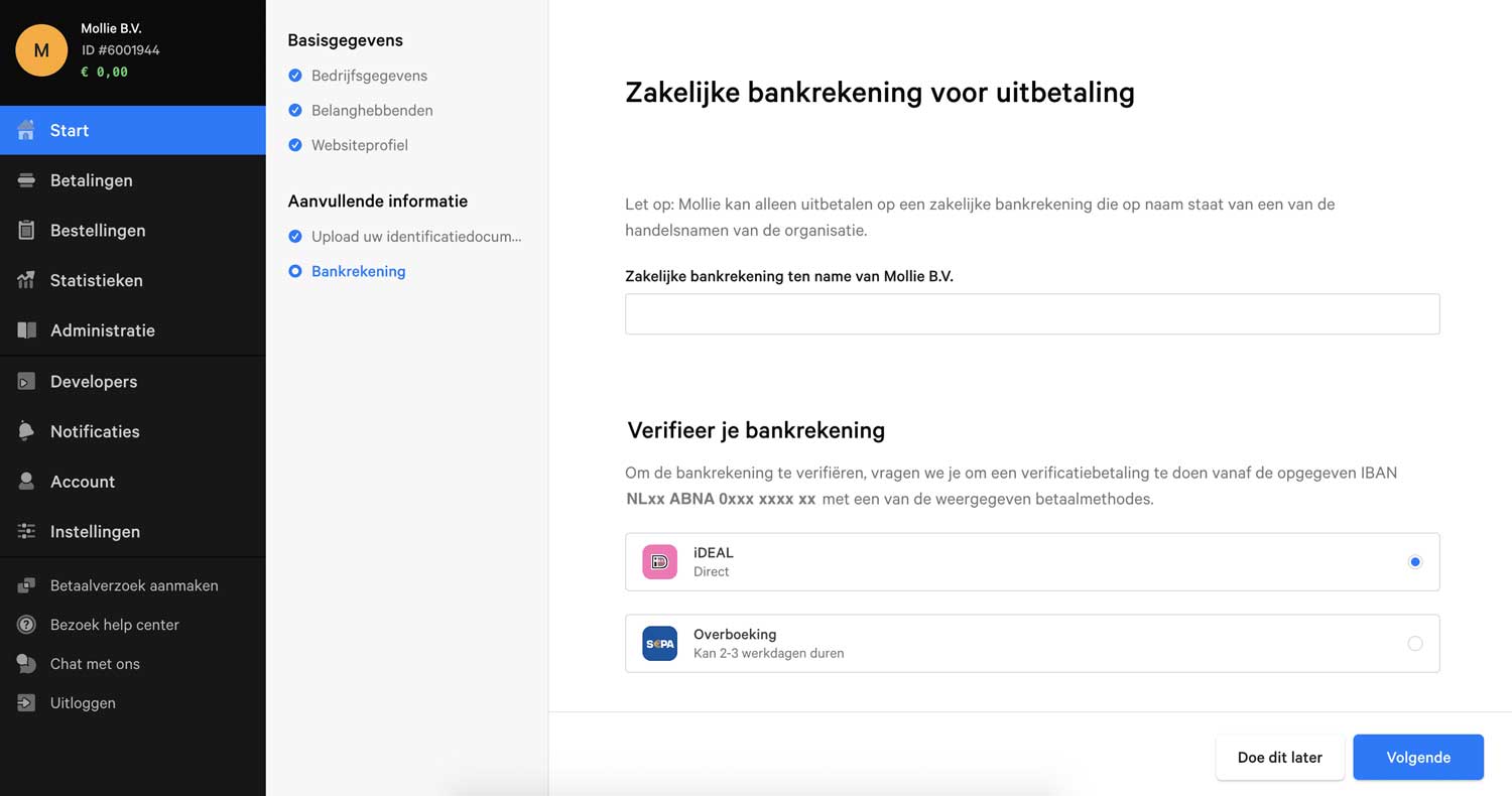 Mollie account aanmaken